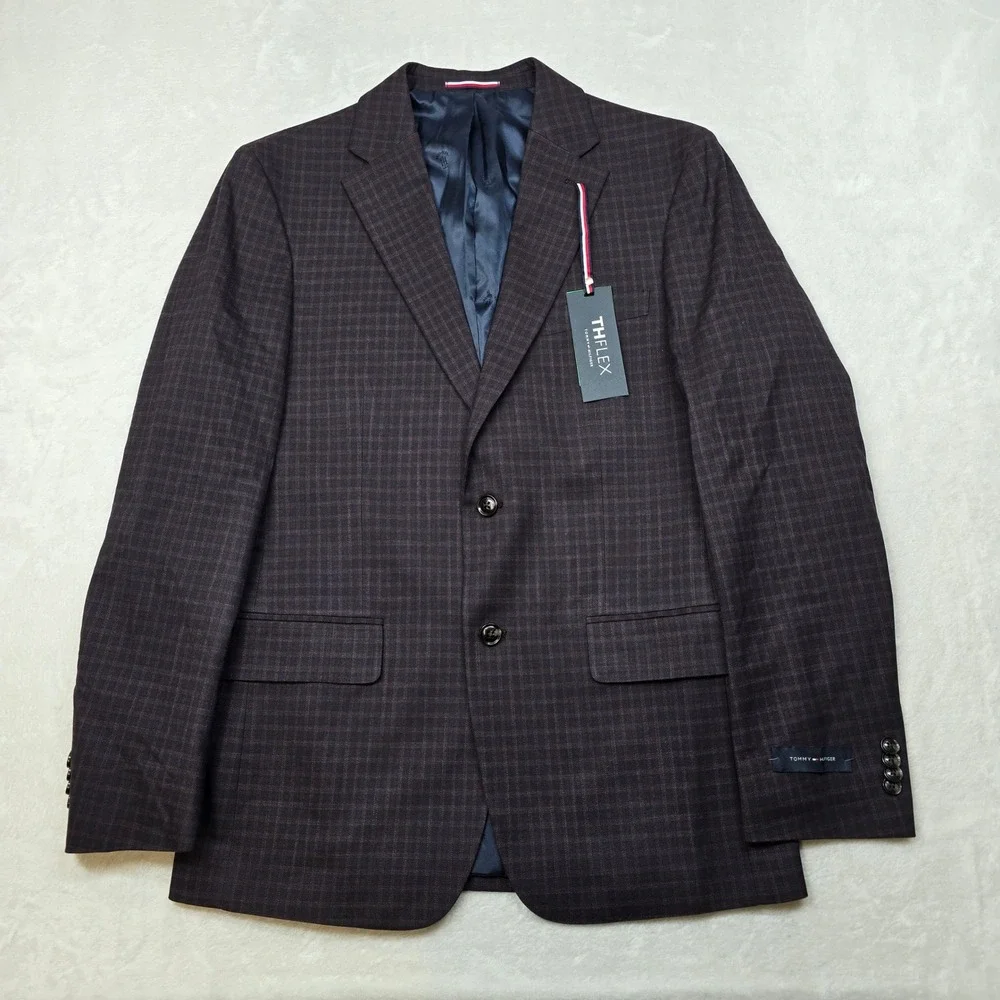 Tommy Hilfiger Conrad Sport Coat Mens 38R 38 Purple Plaid Flex Blazer $295 NEW‎